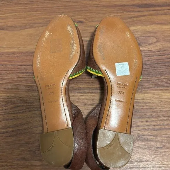 Vintage Prada Brown Flat Leather Sling Back Open Toe Shoes. Size 7.5.