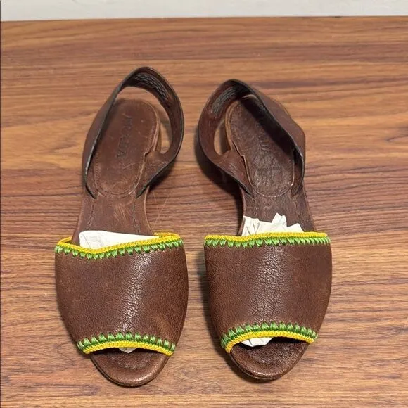 Vintage Prada Brown Flat Leather Sling Back Open Toe Shoes. Size 7.5.