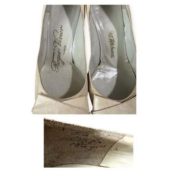 Vintage Roger Vivier Cream Leather Pumps with Flat Bow Detail, Size 5 1/2