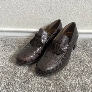 Vintage Stuart Weitzman Loafers Womens 8 M Brown Tassel Croc Embossed 90s Shoes