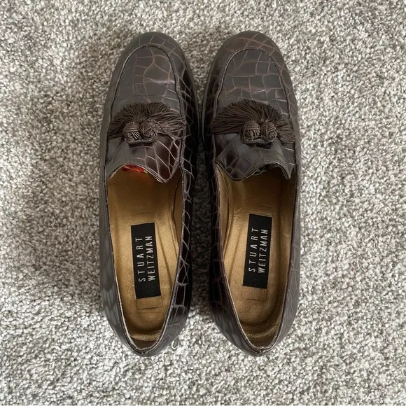 Vintage Stuart Weitzman Loafers Womens 8 M Brown Tassel Croc Embossed 90s Shoes