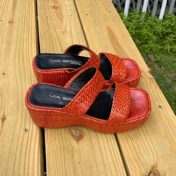 Vintage Via Spiga Y2K Woven Genuine Leather 90s Square Toe Platform Sandals
