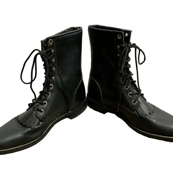 Vintage Justin Leather Kiltie Roper Boots 7 Black Lace Up Western Low Heel