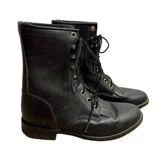 Vintage Justin Leather Kiltie Roper Boots 7 Black Lace Up Western Low Heel