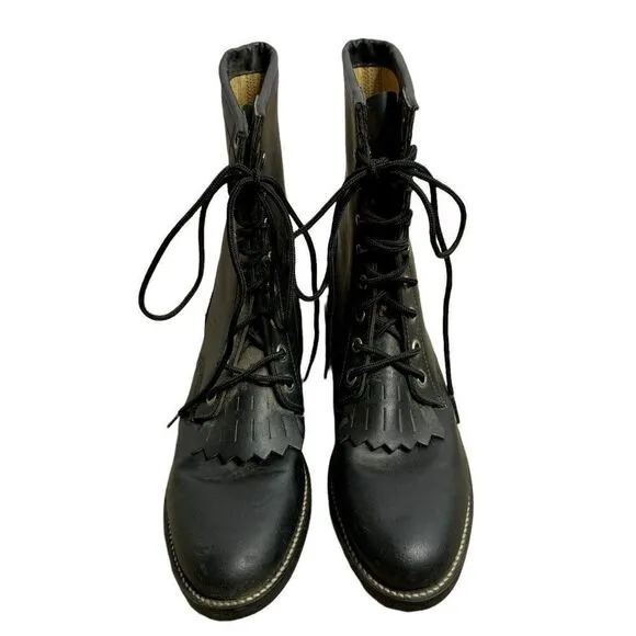 Vintage Justin Leather Kiltie Roper Boots 7 Black Lace Up Western Low Heel