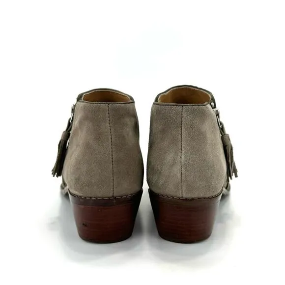 VIONIC &quot;JOY SERENA&quot; GREIGE KID SUEDE ROUNDED TOE STACKED BLOCK HEEL ANKLE BOOTS