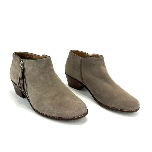 VIONIC &quot;JOY SERENA&quot; GREIGE KID SUEDE ROUNDED TOE STACKED BLOCK HEEL ANKLE BOOTS