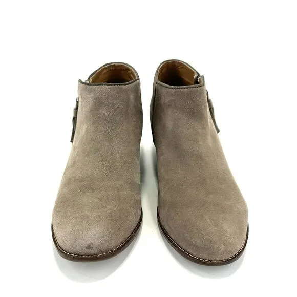 VIONIC &quot;JOY SERENA&quot; GREIGE KID SUEDE ROUNDED TOE STACKED BLOCK HEEL ANKLE BOOTS