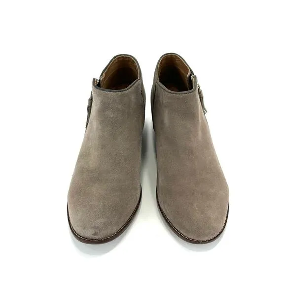 VIONIC &quot;JOY SERENA&quot; GREIGE KID SUEDE ROUNDED TOE STACKED BLOCK HEEL ANKLE BOOTS