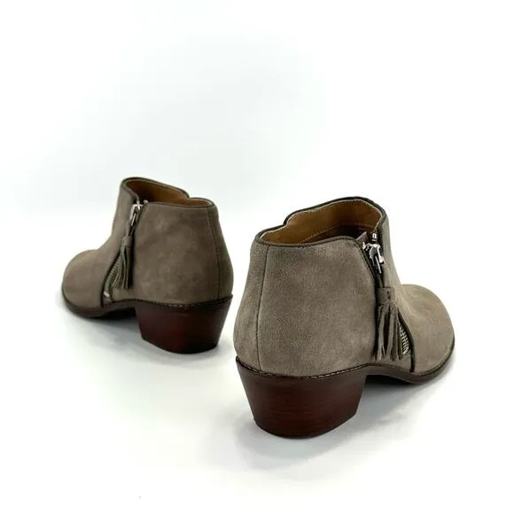 VIONIC &quot;JOY SERENA&quot; GREIGE KID SUEDE ROUNDED TOE STACKED BLOCK HEEL ANKLE BOOTS