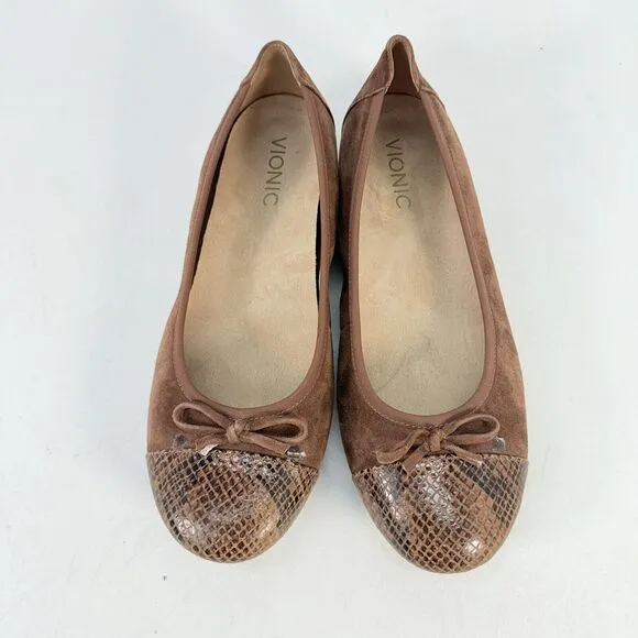 Vionic Ballet Flats Womens 7.5 Minna Slip On Shoes Cap Toe Brown Suede