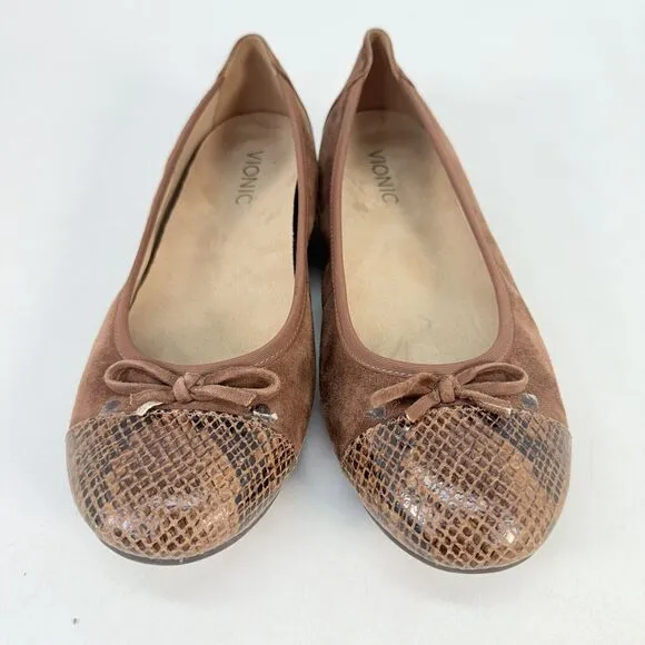 Vionic Ballet Flats Womens 7.5 Minna Slip On Shoes Cap Toe Brown Suede