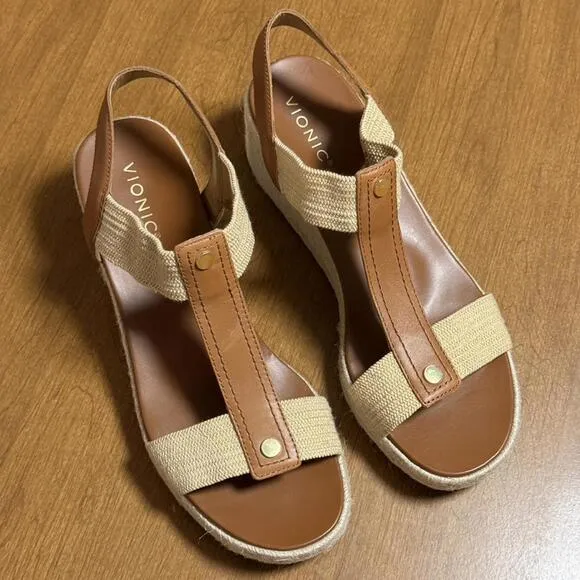 VIONIC Calera Wedge Espadrille, Camel Leather, 11 (NWOB)