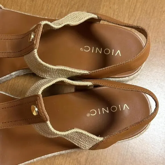 VIONIC Calera Wedge Espadrille, Camel Leather, 11 (NWOB)