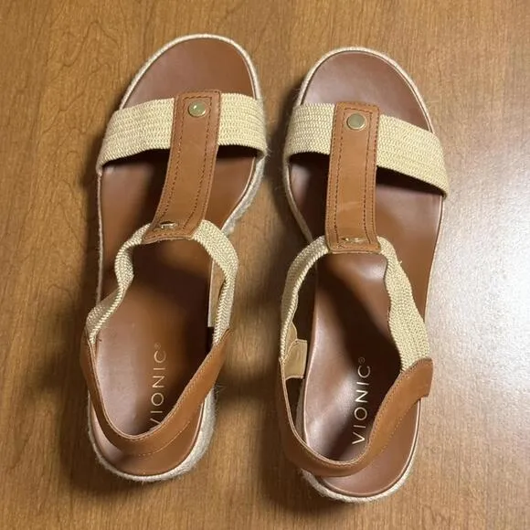 VIONIC Calera Wedge Espadrille, Camel Leather, 11 (NWOB)