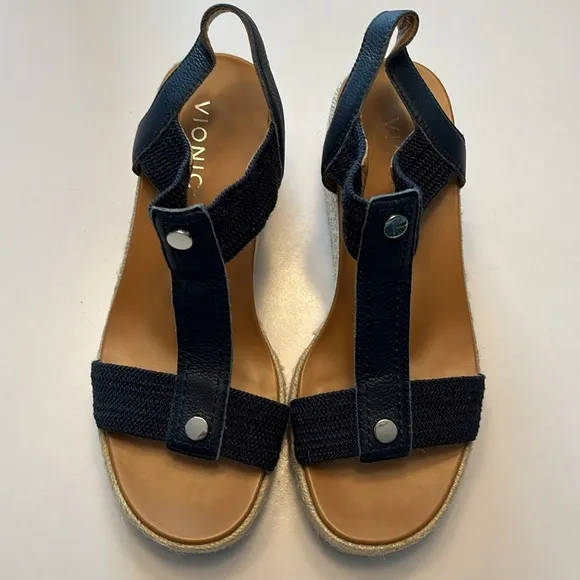 Vionic Calera Wedge Sandals, Navy, size 6.5 Wide, espadrille