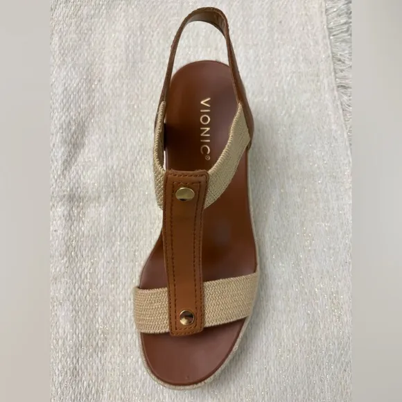 Vionic Calera Wedge Sandals Size 8W Espadrille Brown Leather Comfort Summer NWOB