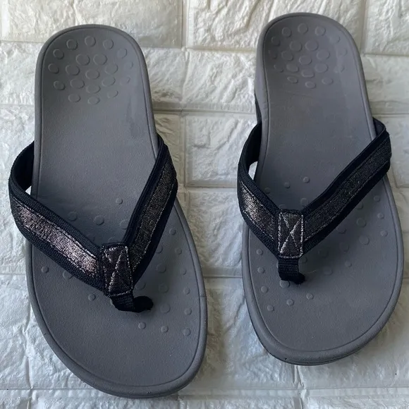 Vionic High Tide Platform Metallic Gray Black Thong Sandals 10 wide