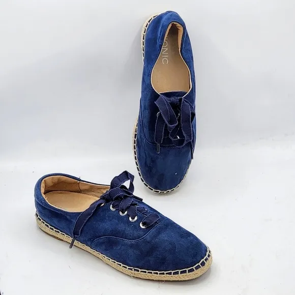 Vionic Lace Up Espadrille Flats Coast Sandy Suede Orthotic In Blue Size 7.5