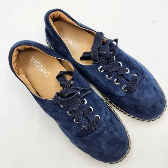 Vionic Lace Up Espadrille Flats Coast Sandy Suede Orthotic In Blue Size 7.5