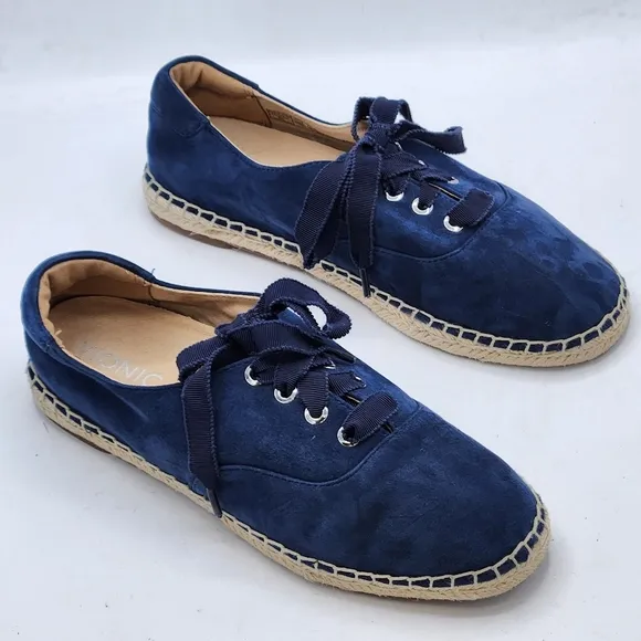 Vionic Lace Up Espadrille Flats Coast Sandy Suede Orthotic In Blue Size 7.5