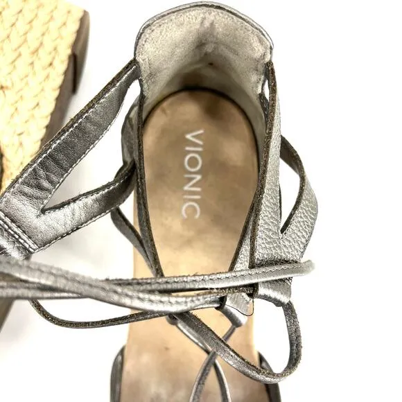 Vionic Metallic Gray Aruba Calypso Espadrille Jute Wedge Sandals - EU42/US10