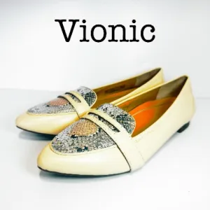Vionic Savannah Cream Boa Metallic Leather Loafers Size 8 1/2