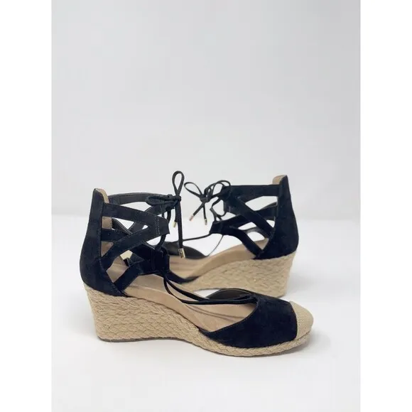 Vionic Womens Sandals Black Aruba Calypso Strappy Espadrille Wedge Lace Up US 8