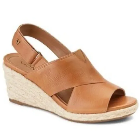 Vionic Women's Zamar slingback cognac leather Wedge espadrille open toe Sandals