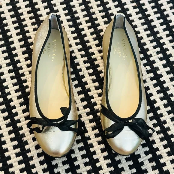 ViVi G Shoes Italian Leather Metallic Ballerina Flats Ribbon Bow Size 8.5