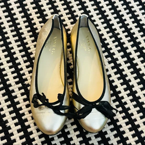 ViVi G Shoes Italian Leather Metallic Ballerina Flats Ribbon Bow Size 8.5