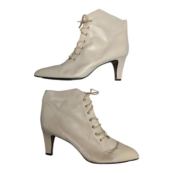 Vtg 1980s Connie Ivory Leather Pointed Toe Lace Up Victorian Granny Boots 10