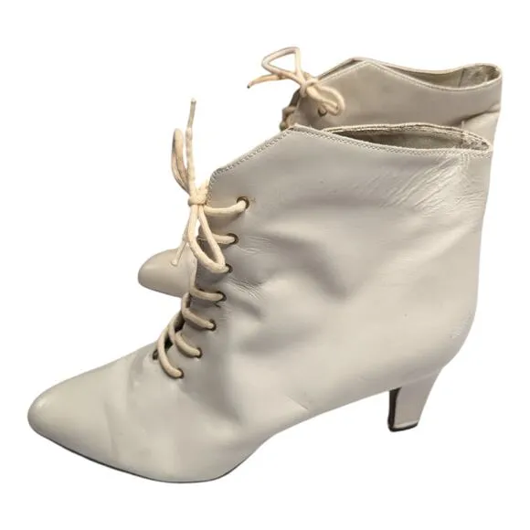 Vtg 1980s Connie Ivory Leather Pointed Toe Lace Up Victorian Granny Boots 10