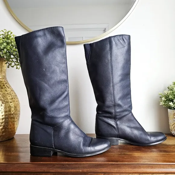 Vtg Hunt Club JC Penny Genuine Leather Mid Calf Dark Blue Boots Women's 7.5M