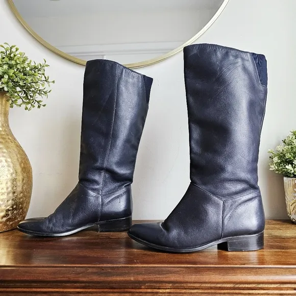 Vtg Hunt Club JC Penny Genuine Leather Mid Calf Dark Blue Boots Women's 7.5M