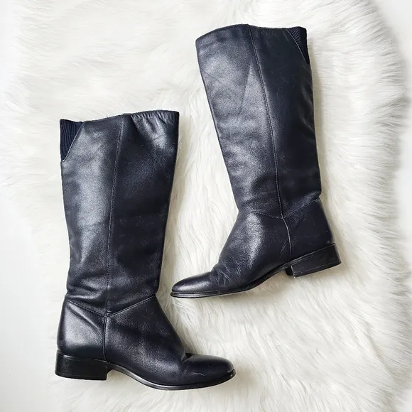 Vtg Hunt Club JC Penny Genuine Leather Mid Calf Dark Blue Boots Women's 7.5M