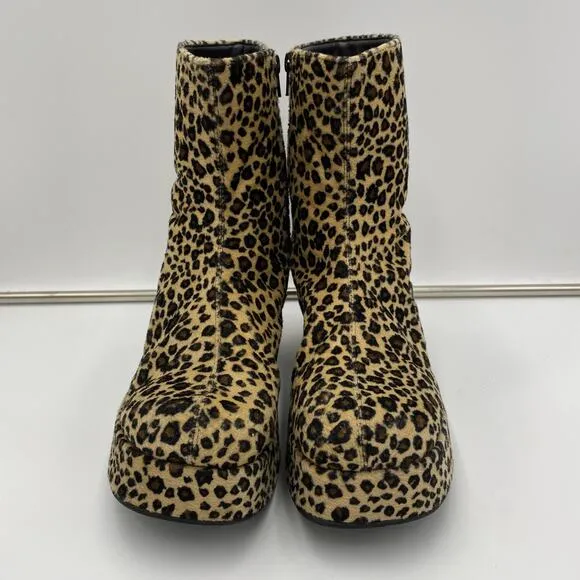 Vtg Plats Leopard Plush Platform Super Chucky Ankle Boots Size 10 Disco Funky