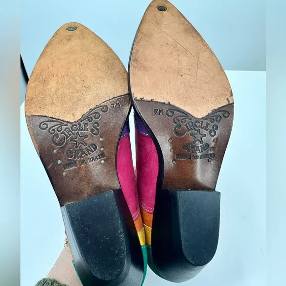 VTG Rainbow Circle S Leather Western Wear Boots Womens 7 Colorful Colorblock
