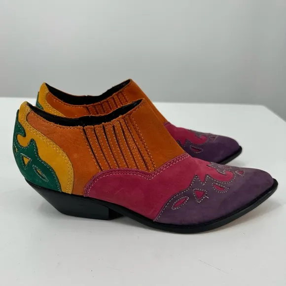 VTG Rainbow Circle S Leather Western Wear Boots Womens 7 Colorful Colorblock