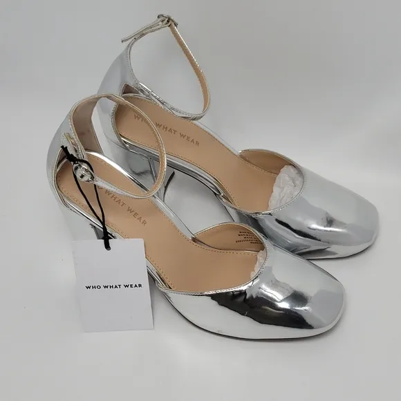 Who What Wear Mirrored Silver Ankle Strap Mary Jane Heel Shoes Size 9.5