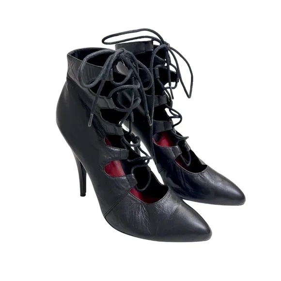 Wild Pair 9 Black Lace up Madonna Boots High Heels 1980s Pin Up  Vintage Shoes