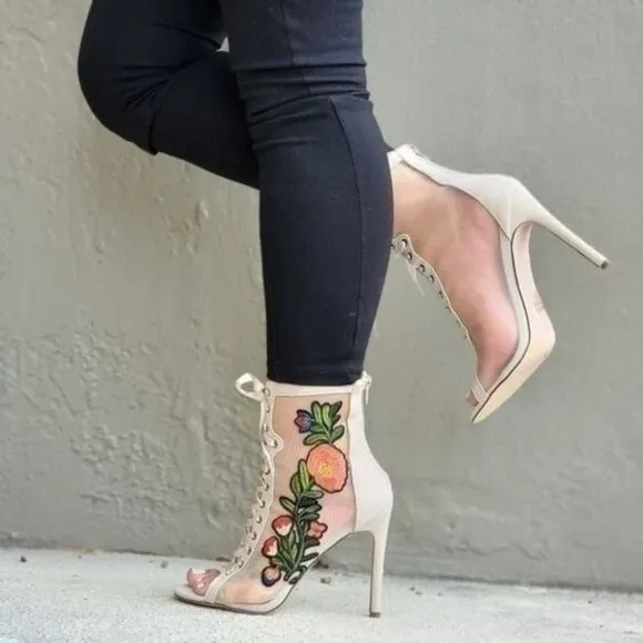 Women Ankle Open Toe‎ High Heel Booties Lace Up Nude Color