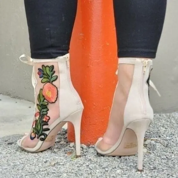 Women Ankle Open Toe‎ High Heel Booties Lace Up Nude Color