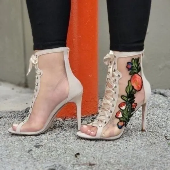 Women Ankle Open Toe‎ High Heel Booties Lace Up Nude Color