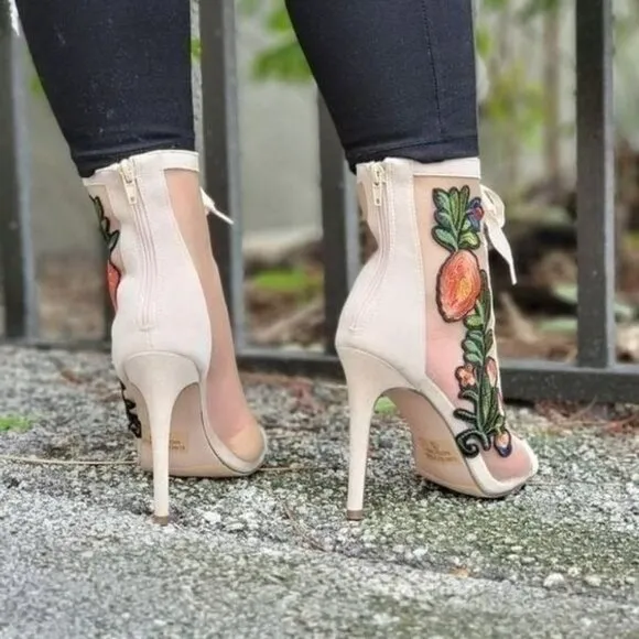 Women Ankle Open Toe‎ High Heel Booties Lace Up Nude Color