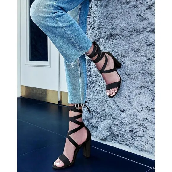 Women Black Shoes Suede Strappy Heels Lace up High Heeled Sandals