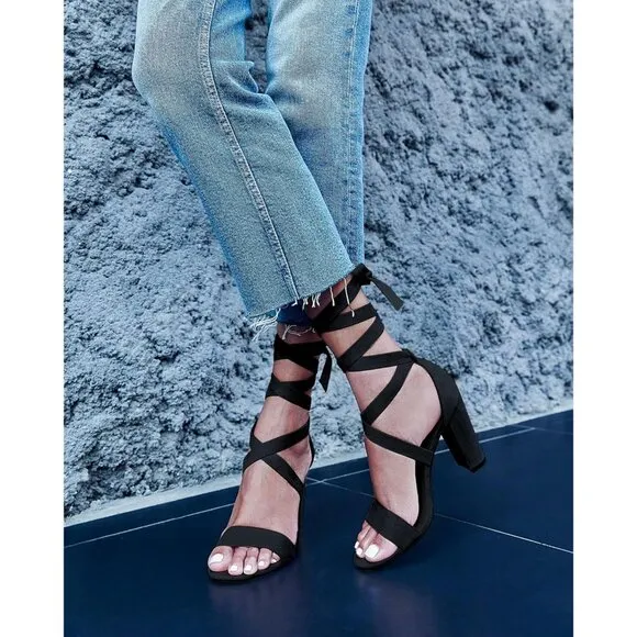 Women Black Shoes Suede Strappy Heels Lace up High Heeled Sandals