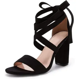 Women Black Shoes Suede Strappy Heels Lace up High Heeled Sandals