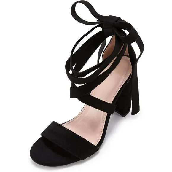 Women Black Shoes Suede Strappy Heels Lace up High Heeled Sandals