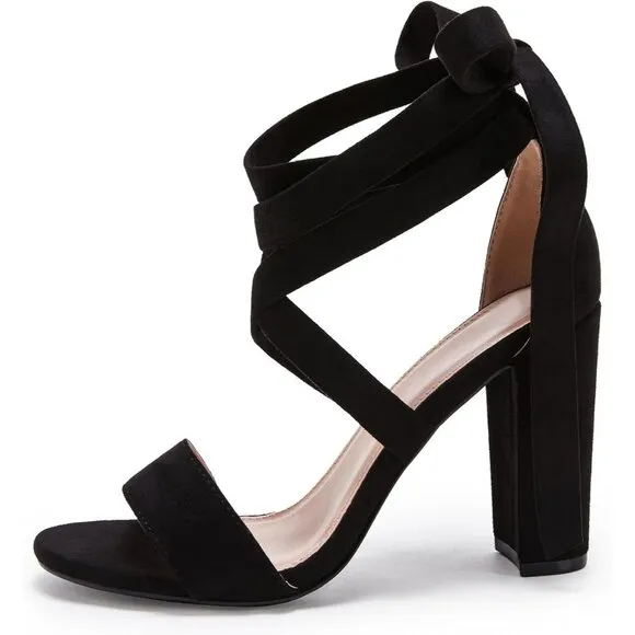 Women Black Shoes Suede Strappy Heels Lace up High Heeled Sandals